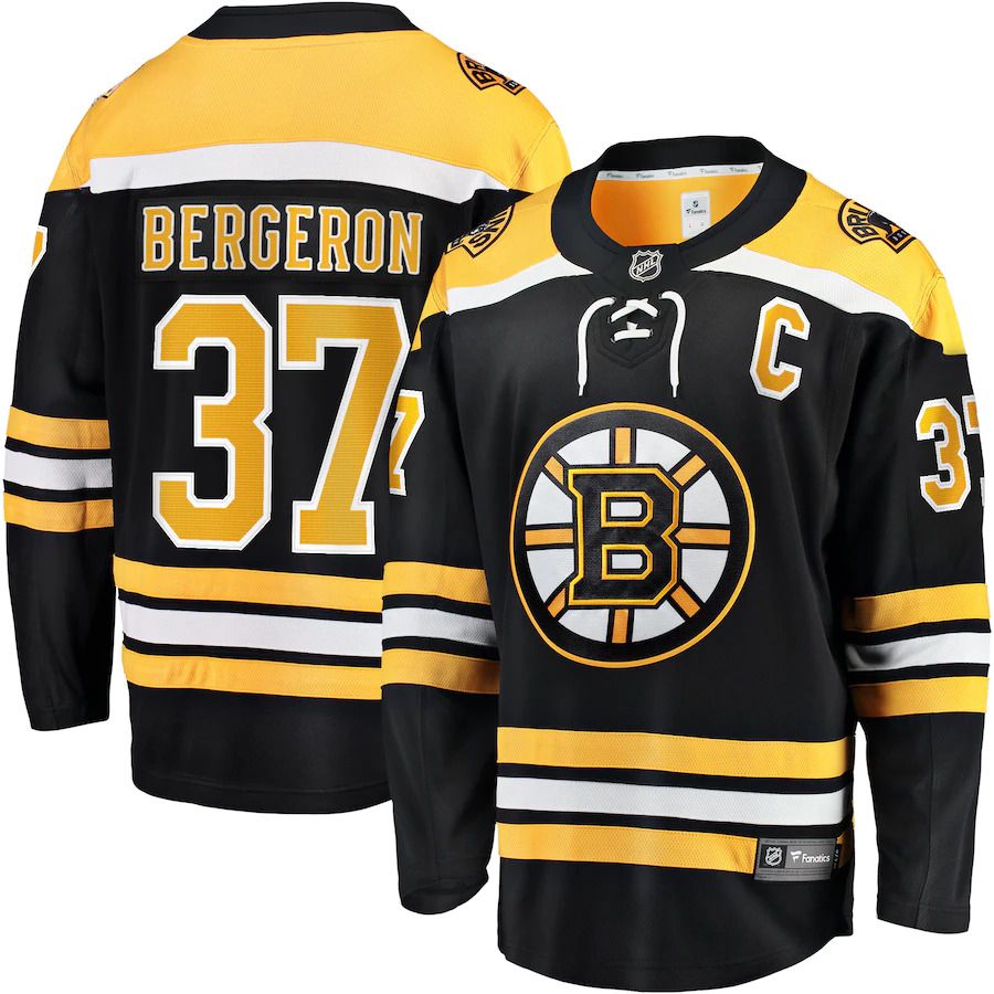 Men Boston Bruins #37 Patrice Bergeron Fanatics Branded Black Home Captain Premier Breakaway Player NHL Jersey->boston bruins->NHL Jersey